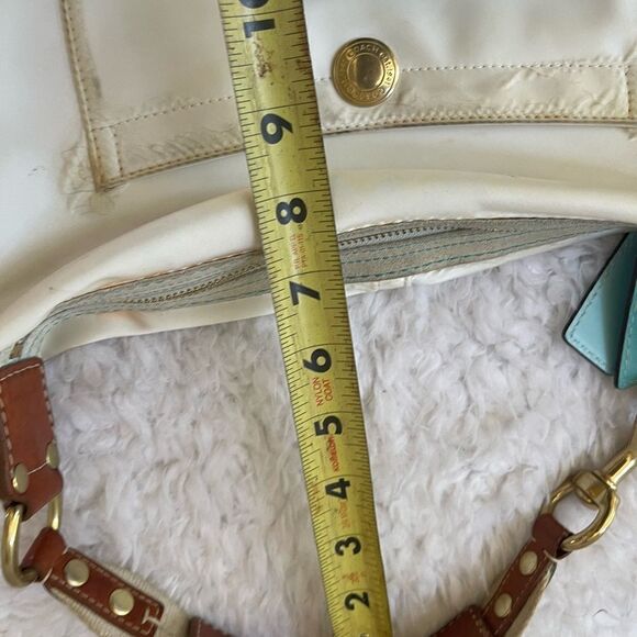 Coach Hampton off white Nylon Satchel turquoise blue charms & tan leather trim - Picture 14 of 16